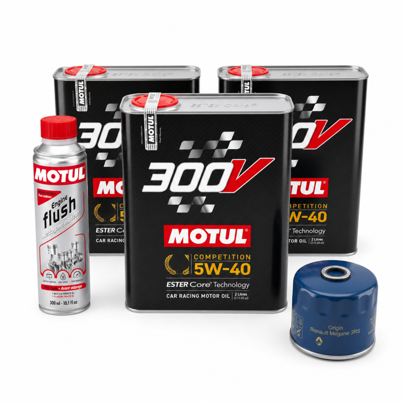 Motul 300V 5W40 engine oil service and flush kit for Renault Megane 3 RS with filter 8200768927.