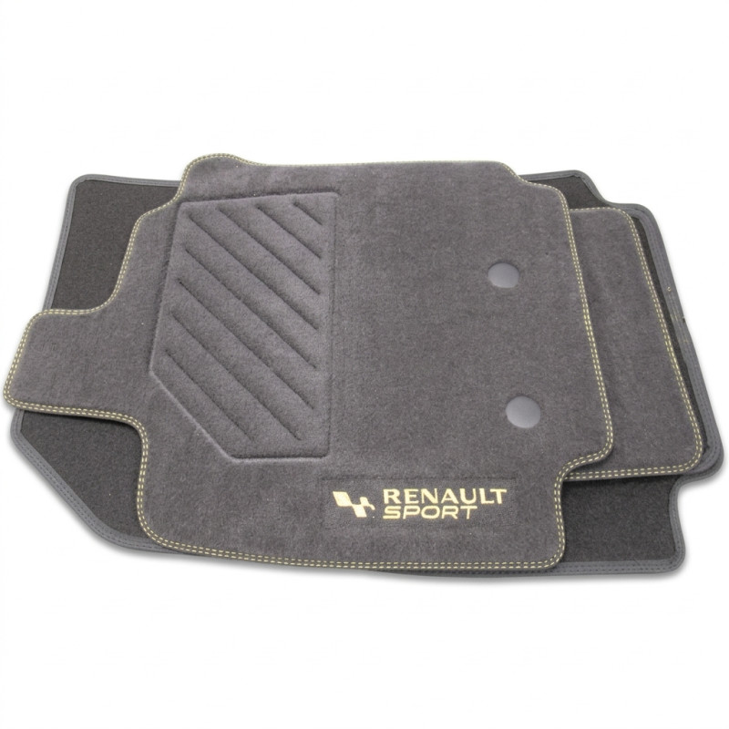 Kit tapis de sol sur-mesure d origine Renault Sport avec broderie ecriture jaune pour Clio 3 RS. Kit tapis de sol sur-mesure d origine Renault Sport avec broderie ecriture jaune pour Clio 3 RS.